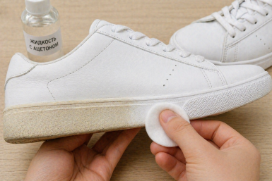 3 капли на ватный диск — и обувь снова белая: сходит даже недельная желтизна и грязь кусками